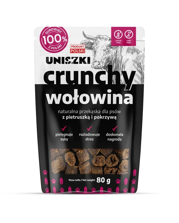 Crunchy wołowina z pietruszką i pokrzywą dla psa. Naturalna przekąska wspiera odporność, trawienie, lśniącą sierść i mocne mięśnie. Idealna nagroda treningowa. Zdrowe zęby.