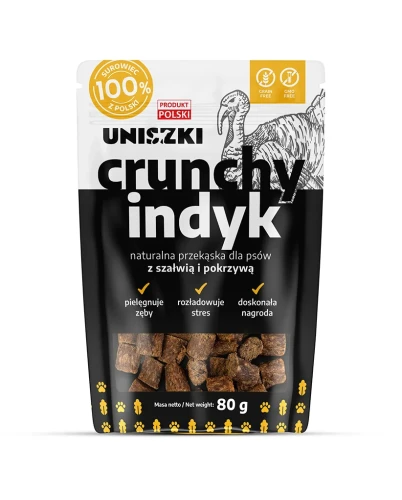 Uniszki Crunchy indyk z szałwią i pokrzywą dla psa. Miękka przekąska wspiera trawienie, wzrok, stawy i odporność. Z indykiem i naturalnymi ziołami. Idealna nagroda treningowa dla zdrowia i witalności.
