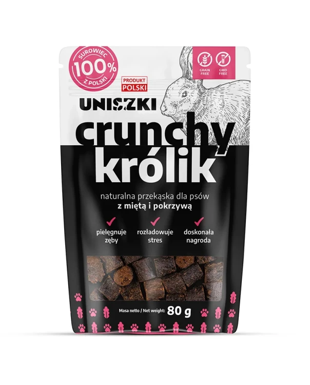 Uniszki Crunchy królik SOFT z miętą i pokrzywą dla psa. Lekkostrawna przekąska wspiera trawienie, oddech, skórę i sierść. Idealna dla wrażliwych psów, z królikiem i ziołami.