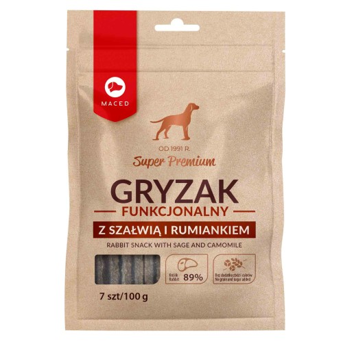 MACED Gryzak funkcjonalny 100g: królik z szałwią i rumiankiem dla psa. Monoproteinowy przysmak wspiera czyste zęby, zdrowe dziąsła i świeży oddech. Łagodzi stany zapalne, wzmacnia odporność.