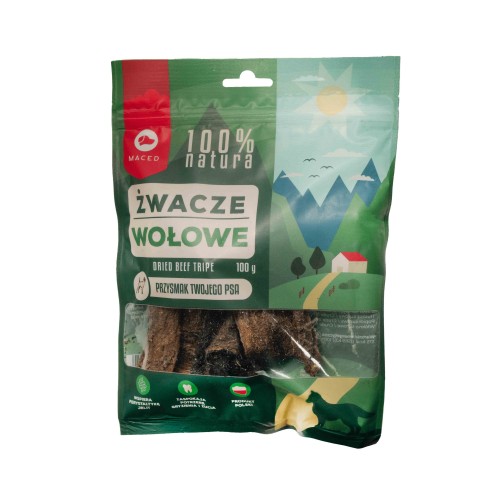 MACED 100% NATURA Żwacze Wołowe 100g – naturalny gryzak dla psa. Wspiera trawienie, florę bakteryjną i usuwa kamień nazębny. Zbilansowany skład i mnóstwo białka. Idealny dla higieny jamy ustnej i zdrowych jelit!