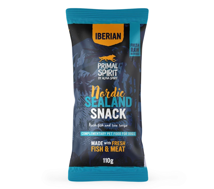 Primal Spirit Iberian Nordic Sealand 110g – naturalny przysmak dla psa. Miękkie kąski z wieprzowiną i rybami. Lekkostrawne, dla alergików i seniorów. Idealne do treningu. Wspiera trawienie, odporność i energię.