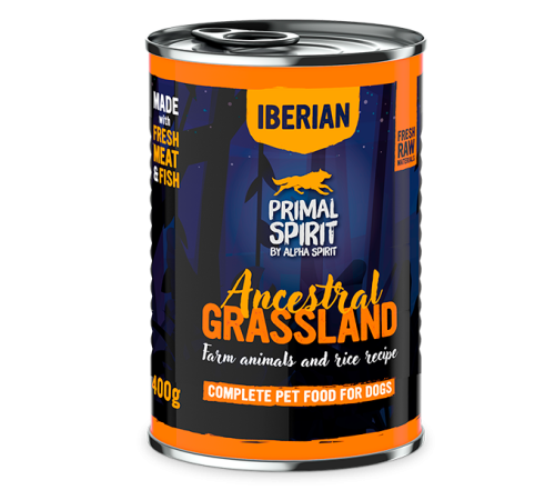 Primal Spirit Iberian Ancestral Grassland 400g – karma mokra dla psa. 80% wieprzowiny. Pełnowartościowa, naturalna dieta. Wspiera mięśnie, odporność, trawienie i zdrową sierść. Dla dorosłych psów. Bez GMO.