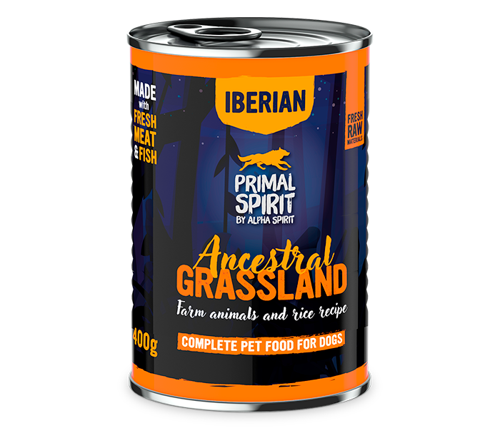 Primal Spirit Iberian Ancestral Grassland 400g – karma mokra dla psa. 80% wieprzowiny. Pełnowartościowa, naturalna dieta. Wspiera mięśnie, odporność, trawienie i zdrową sierść. Dla dorosłych psów. Bez GMO.