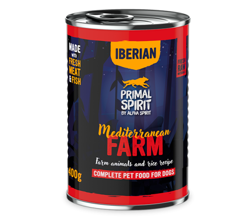 Primal Spirit Iberian Mediterranean Farm 400g – karma mokra dla psa. Z kurczakiem i wieprzowiną. Naturalna, pełnowartościowa dieta. Wspiera trawienie, mięśnie i zdrową sierść. Dla dorosłych psów. Bez GMO.