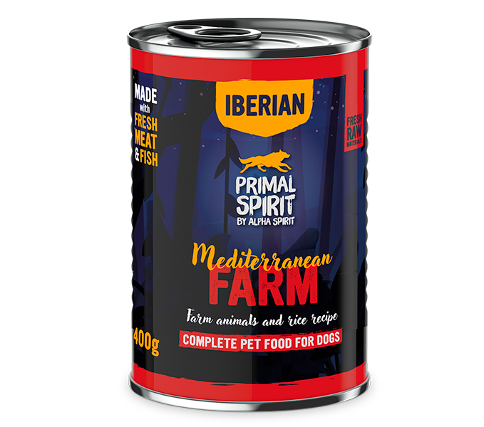 Primal Spirit Iberian Mediterranean Farm 400g – karma mokra dla psa. Z kurczakiem i wieprzowiną. Naturalna, pełnowartościowa dieta. Wspiera trawienie, mięśnie i zdrową sierść. Dla dorosłych psów. Bez GMO.