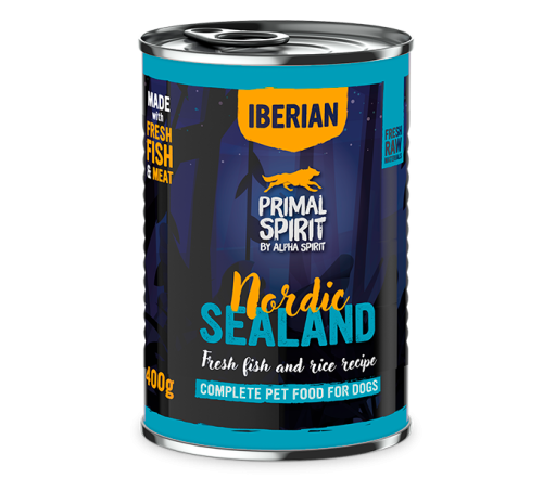 Primal Spirit Iberian Nordic Sealand 400g – karma mokra dla psa. Z wieprzowiną i rybami. Pełnowartościowa, naturalna dieta. Wspiera trawienie, zdrową sierść i witalność. Dla dorosłych psów. Bez GMO.