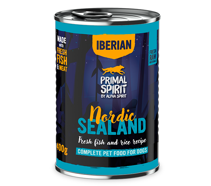 Primal Spirit Iberian Nordic Sealand 400g – karma mokra dla psa. Z wieprzowiną i rybami. Pełnowartościowa, naturalna dieta. Wspiera trawienie, zdrową sierść i witalność. Dla dorosłych psów. Bez GMO.