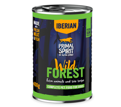 Primal Spirit Iberian Wild Forest 400g – karma mokra dla psa. Z wieprzowiną i indykiem. Pełnowartościowa, naturalna dieta. Wspiera trawienie, zdrową sierść i witalność. Dla dorosłych psów. Bez GMO.