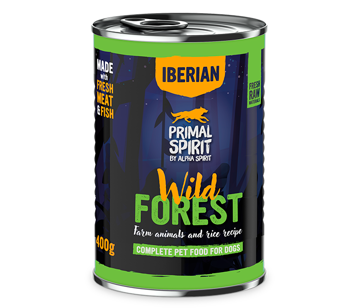 Primal Spirit Iberian Wild Forest 400g – karma mokra dla psa. Z wieprzowiną i indykiem. Pełnowartościowa, naturalna dieta. Wspiera trawienie, zdrową sierść i witalność. Dla dorosłych psów. Bez GMO.