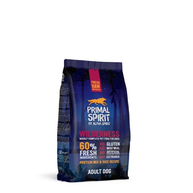 Primal Spirit Wilderness 1kg – sucha karma dla psa. Z 60% świeżego mięsa (wieprzowina, kurczak, ryby). Tłoczona na zimno, hipoalergiczna. Bez glutenu, mączek. Wspiera trawienie, odporność i zdrową sierść. Dla dorosłych psów.