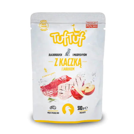 Karma mokra dla psa TufTuf kaczka z jabłkiem 500g, pełnoporcjowa, hipoalergiczna, zbilansowana dieta dla szczeniąt, dorosłych i seniorów. Zdjęcie saszetki karmy premium.