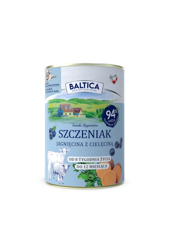 Mokra karma Baltica Szczeniak Jagnięcina z Cielęciną 400g – puszka karmy dla szczeniąt z borówkami, pietruszką i batatem