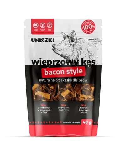 Uniszki Wieprzowy Kęs Bacon Style 40g opakowanie z wizerunkiem świni