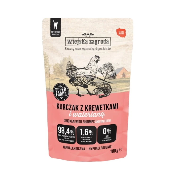 Wiejska Zagroda Karma mokra dla kota Kurczak z Krewetkami i Walerianą 100g saszetka