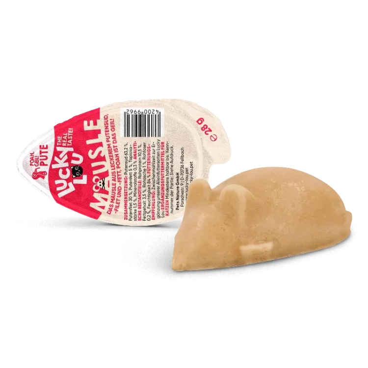 Lucky Lou Mäusle Indyk 28g przysmak dla kota z widocznym opakowaniem i informacjami