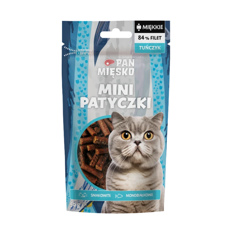 Pan Mięsko Mini Patyczki Tuńczyk 50g opakowanie przysmaki dla kota
