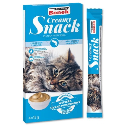 Super Benek Creamy Snack płynna przekąska dla kota z łososiem i inuliną 4x15g