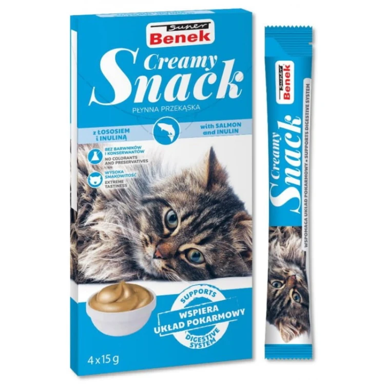 Super Benek Creamy Snack płynna przekąska dla kota z łososiem i inuliną 4x15g