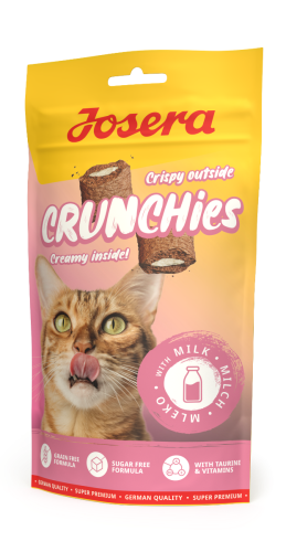 Josera Crunchies with Milk 60g – opakowanie bezzbożowych przysmaków dla kota z wizerunkiem kota i chrupek.