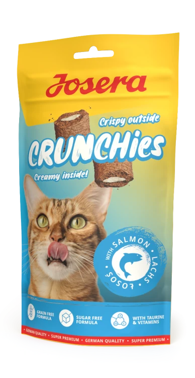 Opakowanie Josera Crunchies with Salmon 60g – bezzbożowe przysmaki z łososiem dla kota.