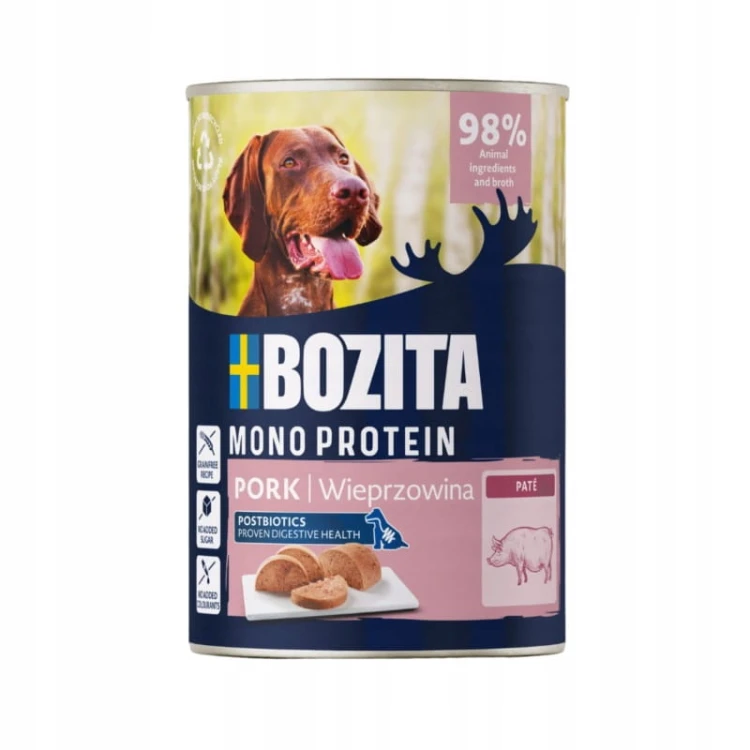 Bozita karma mokra z wieprzowiną dla psa 400 g – puszka z etykietą
