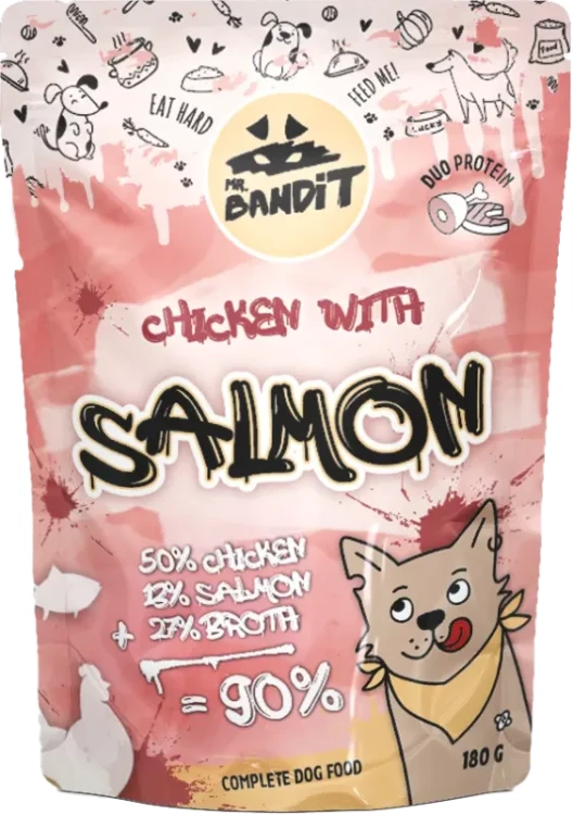 Mr. Bandit Chicken with Salmon 180 g – opakowanie z grafiką psa i składem