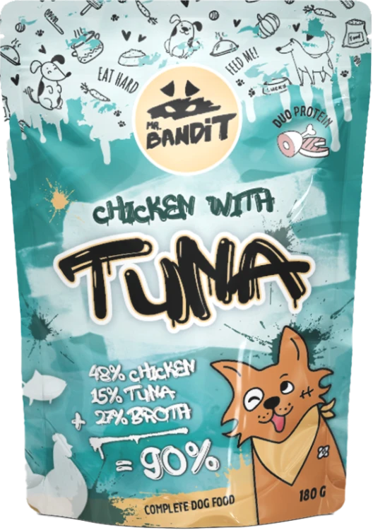 Mr. Bandit Chicken with Tuna 180 g – opakowanie karmy mokrej dla psa z tuńczykiem