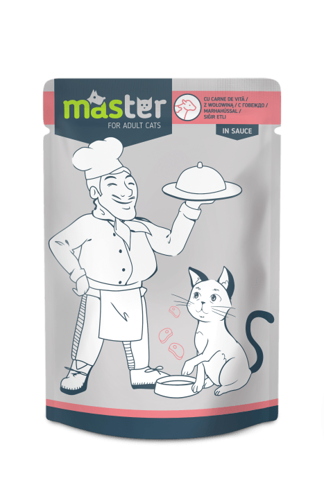 Master karma mokra dla dorosłych kotów z wołowiną w sosie 80 g – opakowanie front