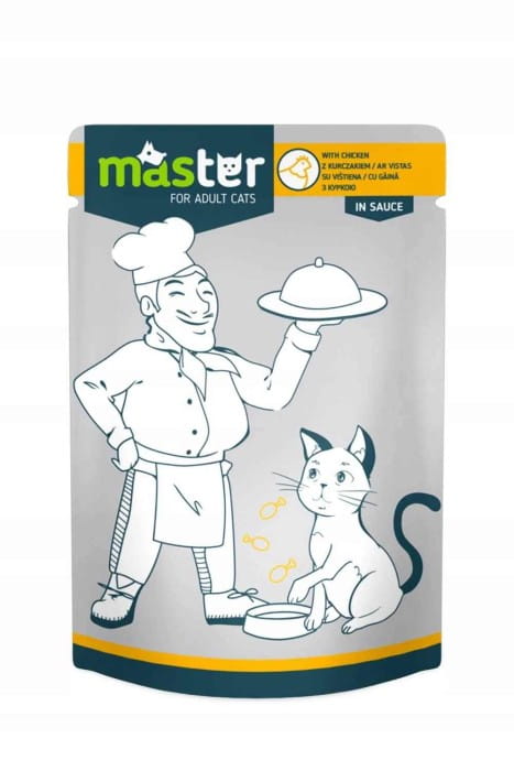Master karma mokra dla dorosłych kotów z kurczakiem w sosie 80 g – front opakowania