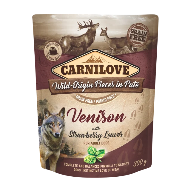 Carnilove Venison &amp; Strawberry Leaves karma dla dorosłych psów 300g opakowanie