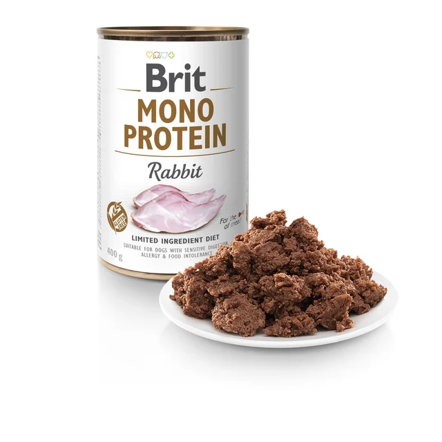 brit mono protein rabbit – miękka karma z czystego królika w misce