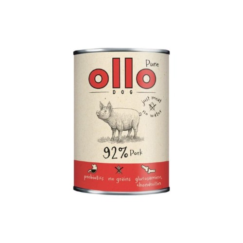Karma Ollo Pure Dog Wieprzowina 400 g – puszka z czerwonym akcentem