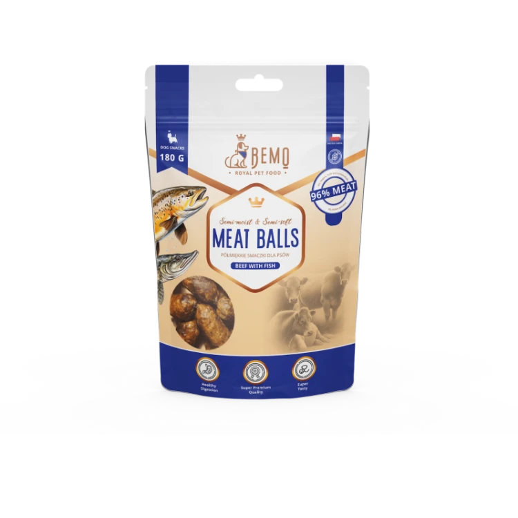 bemo meat balls beef with fish – półmiękkie smaczki dla psów 180 g opakowanie