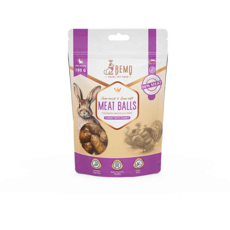 bemo meat balls turkey with rabbit – półmiękkie smaczki dla psów 180 g opakowanie