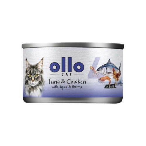 Ollo Cat nr 4 tuńczyk i kurczak z kałamarnicą i krewetkami – puszka 70 g dla kota