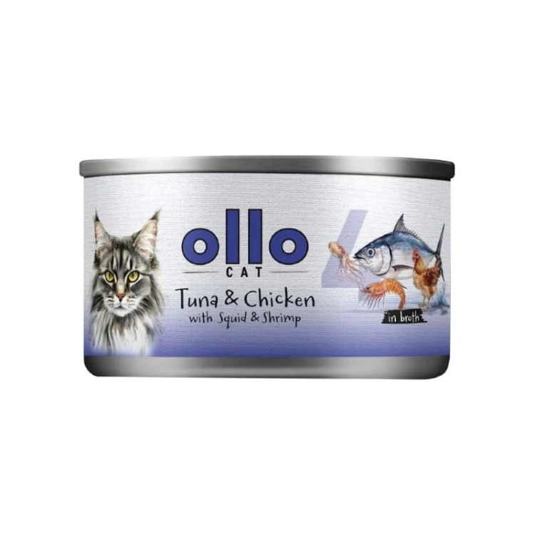 Ollo Cat nr 4 tuńczyk i kurczak z kałamarnicą i krewetkami – puszka 70 g dla kota
