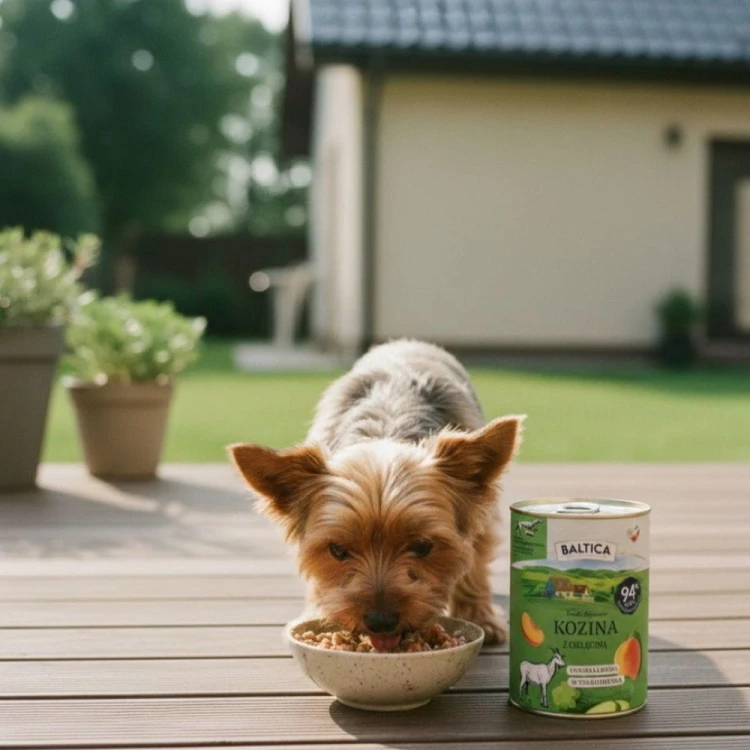 Mały pies je mokrą karmę Baltica Kozina, opakowanie widoczne obok miski