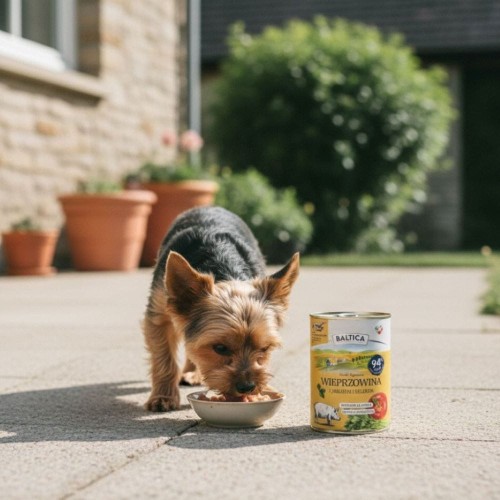 Mały pies rasy Yorkshire Terrier jedzący mokrą karmę Baltica Wieprzowina z miski na podwórku