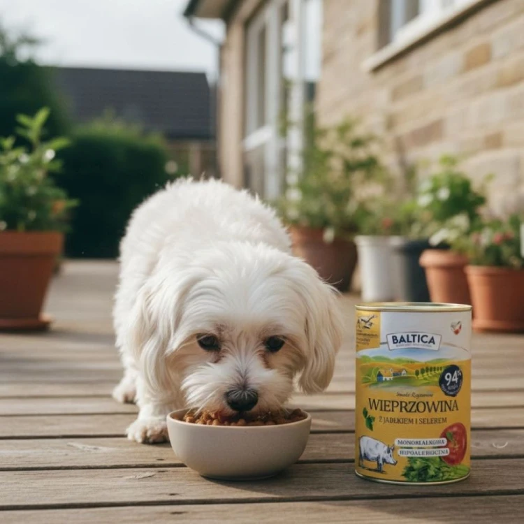 Mały pies je karmę Baltica Wieprzowina na słonecznym tarasie