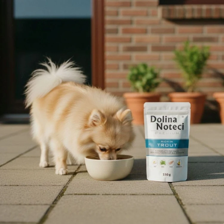 Biały pies przy miseczce z karmą Dolina Noteci Trout – naturalna mokra karma dla psów