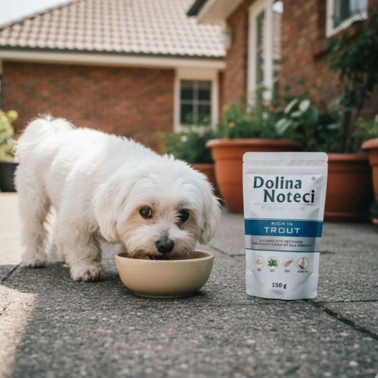 Pies małej rasy jedzący karmę Dolina Noteci z pstrągiem na podwórku