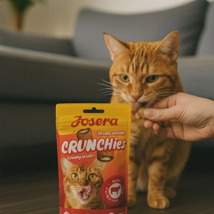 Rudy kot jedzący przysmak Josera Crunchies z ręki opiekuna