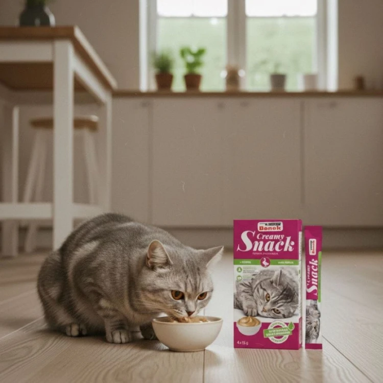 Kot je kremowy przysmak Benek Creamy Snack, opakowanie i saszetka na pierwszym planie