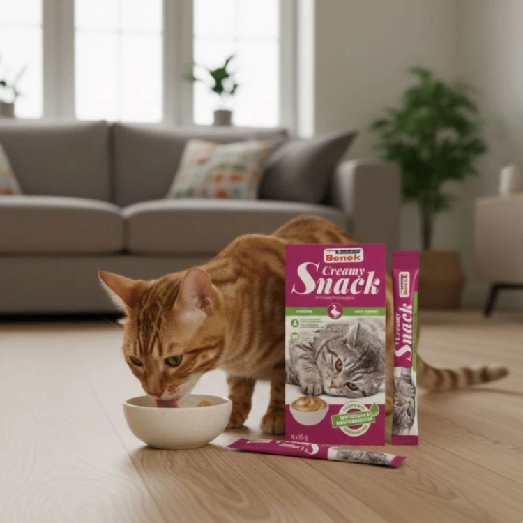 Rudy kot jedzący kremowy przysmak Benek Creamy Snack z miseczki w domu