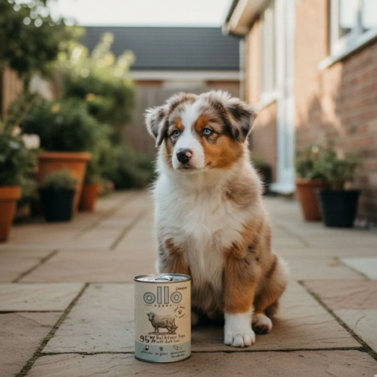Młody pies rasy Australian Shepherd przy puszce karmy Ollo na podwórku.jpg