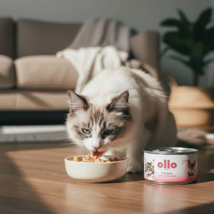 Kot jedzący mokrą karmę Ollo 7 Chicken z miski w salonie