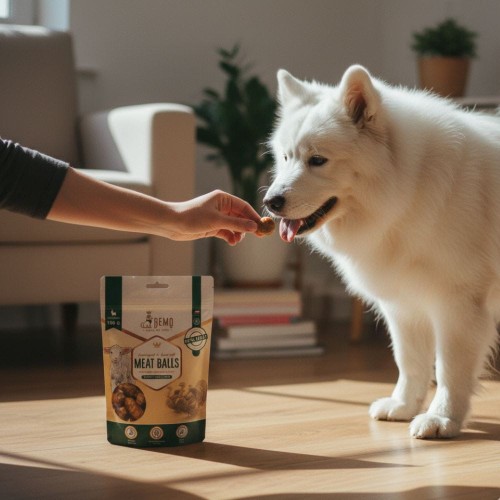 Biały pies otrzymuje przysmak Bemo Meat Balls z ręki opiekuna.jpg