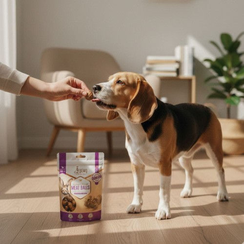 Opiekun podaje psu przysmak Bemo Meat Balls, obok stoi opakowanie produktu