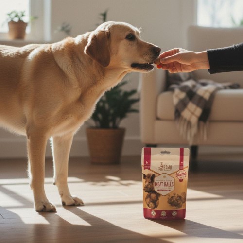 Lablador otrzymuje przysmak Bemo Meat Balls z ręki opiekuna